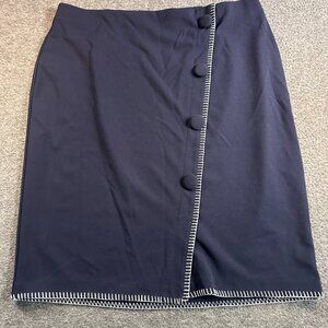 NYCC Pull On Career Pencil Skirt Women Sz LG Navy Stretch White Stitching Button